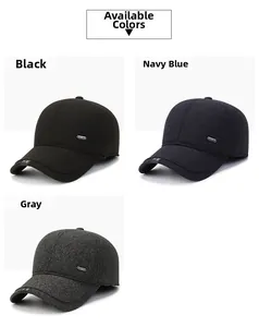 Mens winter baseball caps in black, navy, and grey colors with metal buckle detail