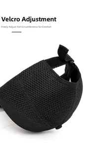 Adjustable Velcro strap detail on the back of a black breathable mesh baseball cap