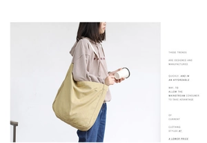 Khaki canvas tote bag shown on shoulder in a minimalist Japanese casual lifestyle scene