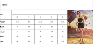 Tableau des tailles détaillé pour ensemble d'été sexy top perlé et jupe courte