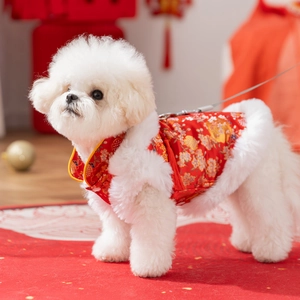 Gilet de Nouvel An chinois pour chien rouge avec broderies dorées et fourrure blanche