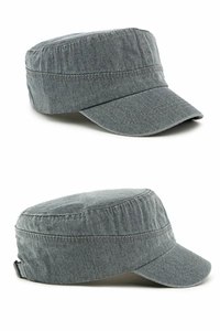 Detail of dark grey washed cotton cadet cap showing reinforced stitching and adjustable buckle