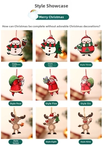 Détail du lot de 9 suspensions de Noël en bois avec motifs père Noël, renne et bonhomme de neige
