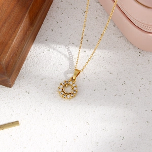 18K gold plated stainless steel hollow smiley face pendant necklace with zircon crystals