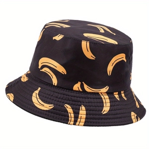 Close-up of black sun hat with yellow banana pattern showing quality fabric and stitching