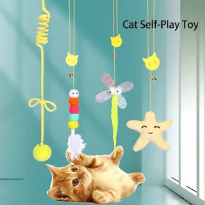 Interactive hanging cat toy set with feathers and plush balls for kittens to play alone