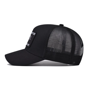 Black trucker hat with fish embroidery patch and breathable mesh back for outdoors
