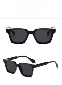 Front and 45-degree side view of matte black square frame sunglasses with HD lenses
