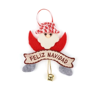 Cute Santa Claus felt ornament with wooden Feliz Navidad banner and golden bell hanger