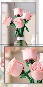 Close-up of pink brick flower bouquet with layered petals and vintage green glass vase