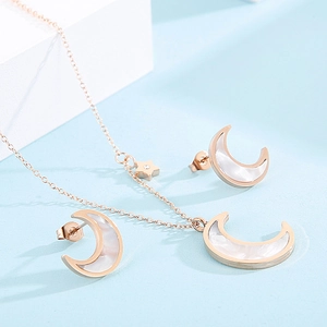 Star and moon mother of pearl necklace and earrings set in rose gold titanium steel