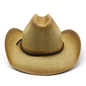 Handmade straw cowboy hat in light brown with black braided cord for outdoor sun protection