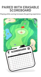 Detalle del tapete de golf con zonas de puntos y marcador borrable de juego