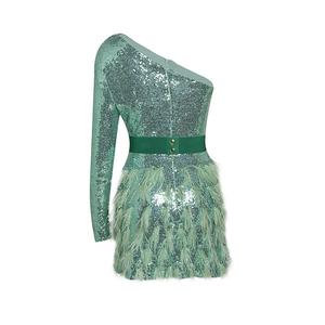 Sparkly mint green sequin one-shoulder dress with feather hem and belted waistline
