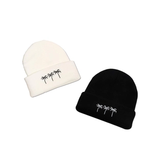 Knitted beanie with palm tree embroidery, stylish winter warm hat in black and white set