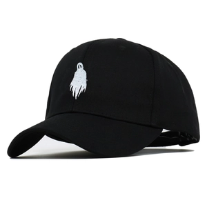 Ghost embroidery baseball cap in black cotton with curved brim and 45-degree side view