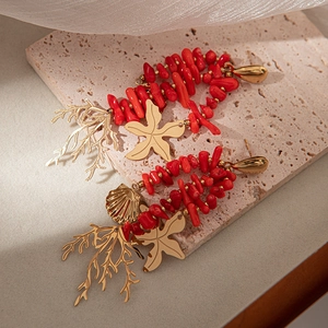 Luxury gold stainless steel drop earrings with red coral branches and starfish charms