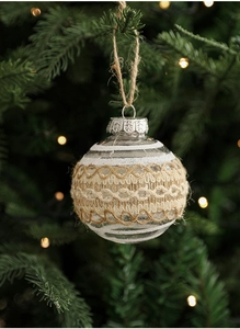 Detail of 8cm clear Christmas ball with burlap weave band and rustic rope hanger