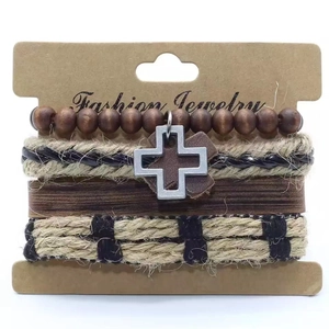 Ensemble de Bracelets en Cuir Multicouche Rétro pour Hommes Corde Tressée Perles en Bois Pendentif Croix en Alliage Style Punk Bijoux