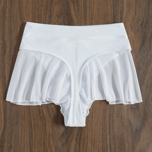 White high-waisted bikini bottoms with mesh skirt trim displayed on a wood background