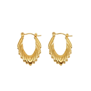 Detail of vintage gold fan-shaped earrings with textured patterns and leverback closure