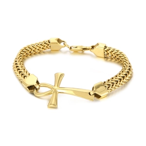 Herrenarmband aus goldenem Edelstahl mit Ankh-Kreuz und doppelter Schlangen-Gliederkette