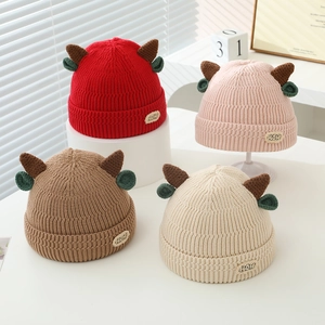 Baby Knitted Beanie Hat Animal Horns Ears Ribbed Winter Warm Toddler Cuffed Cap Soft Cute Yarn Pattern