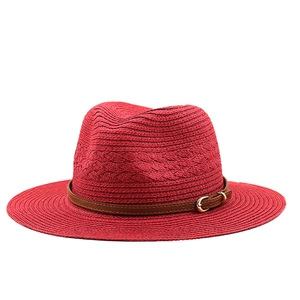 Classic red Fedora Panama hat with brown faux leather belt and gold metal buckle