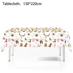 Pink western cowboy theme tablecloth 130x220cm with boots and hats patterns