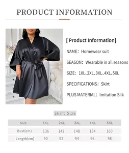 Size chart for women plus size silk satin bathrobe showing bust and length from 1XL to 5XL