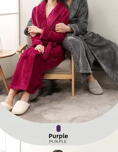 Close-up of thick purple and grey plush robes with textured velvet fabric on models