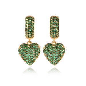 Detail of heart drop earrings with green micro-pave stones and gold plating