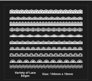Detailed view of ten 150x10mm white lace PET stickers with various hollow patterns