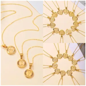 Copper Initial Pendant Necklace Gold Plated Heart Round Hexagon Letter Plate Jewelry For Women Chic Radiating Texture
