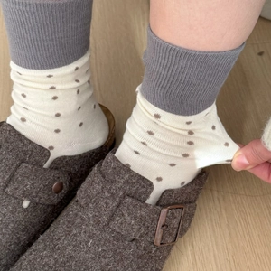 Elastic beige crew socks with brown polka dots and grey ribbed cuffs for women