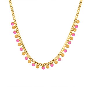 French style gold chain necklace with pink and gold beads on a white background