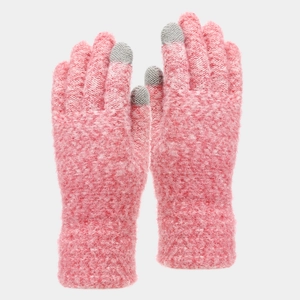 Pink chunky knit touchscreen gloves with grey fingertips and ribbed wrist cuffs