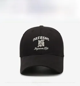 Detailed close-up of white 3D letter embroidery on a black cotton baseball cap