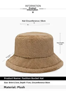 Detailed size specifications for thick plush bucket hat with brim and depth measurements