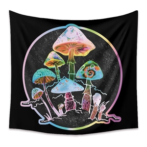 Detail of bohemian mushroom tapestry with psychedelic fluorescent pattern on black background