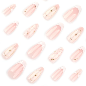 3D Bohemian white French tip press-on nails with gold beads and star accents