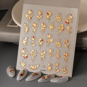 Autocollants à Ongles 5D en Relief de Fleurs d'Or Strass Ligne Florale Française Décalcomanies Auto-Adhésives pour Femme Décoration Manucure