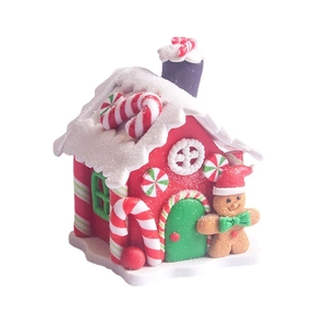 Light-up gingerbread house Christmas ornament with candy cane and snow-covered roof detail