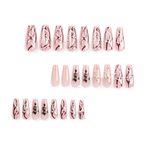 Dragon theme press-on nails with red lines and cross charms in ballerina shape
