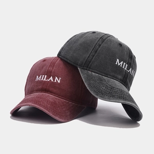 Distressed cotton baseball cap with Milan embroidery in burgundy and charcoal grey