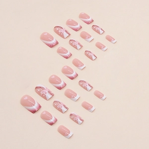 Pink and white heart butterfly press-on nails with sparkling glitter powder set