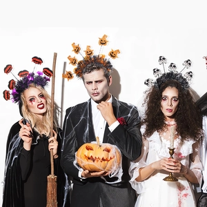 Halloween party headbands featuring sequined pumpkin skull and bat designs for adults