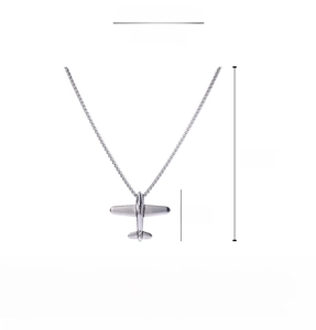 Detail view of a 4cm airplane pendant on a 60cm long silver-tone chain necklace