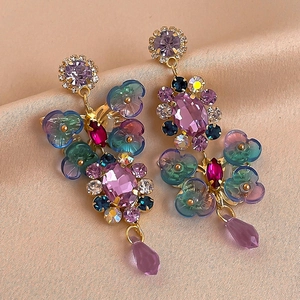 Vintage Multi Color Crystal Butterfly Flower Drop Earrings With 925 Sterling Silver Earring Post Rhinestone Copper Jewelry For Women