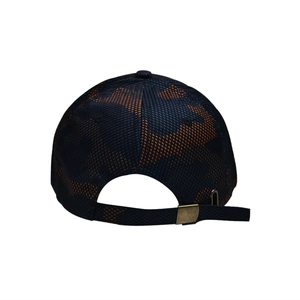 Outdoor camouflage baseball cap with blue and orange pattern and mesh overlay